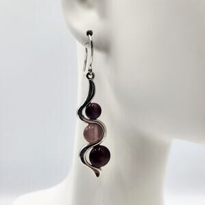 Silver & Purple Amethyst Colored Cat-Eye Gemstone Snake-Like Setting Earrings